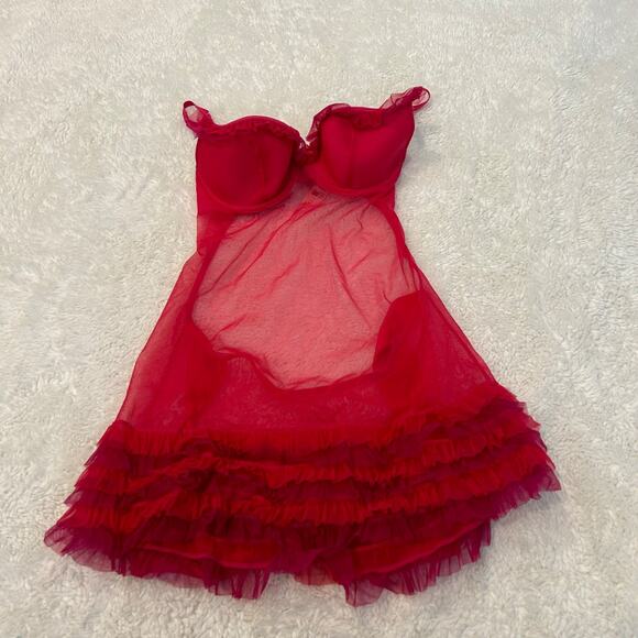 Victoria's Secret Other - NWT Victoria Secret Sexy Little Things Fairy Red Mesh Ruffle Hem Babydoll 34B